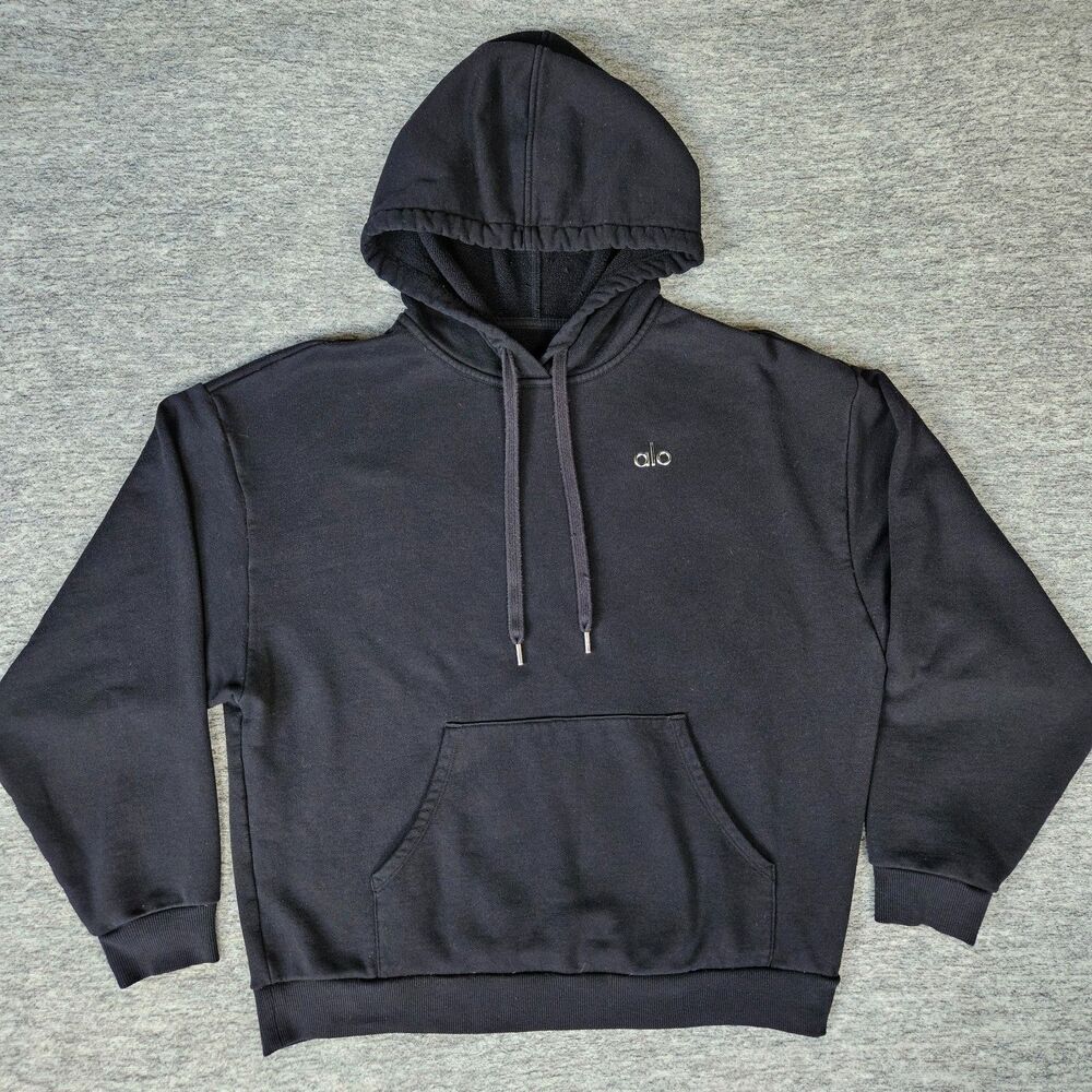 Alo Yoga Womens Large Accolade Hoodie Black Relaxed Fit Long Sleeve Logo Outdoor